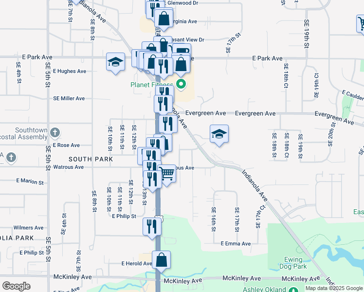 map of restaurants, bars, coffee shops, grocery stores, and more near 3730 Indianola Avenue in Des Moines
