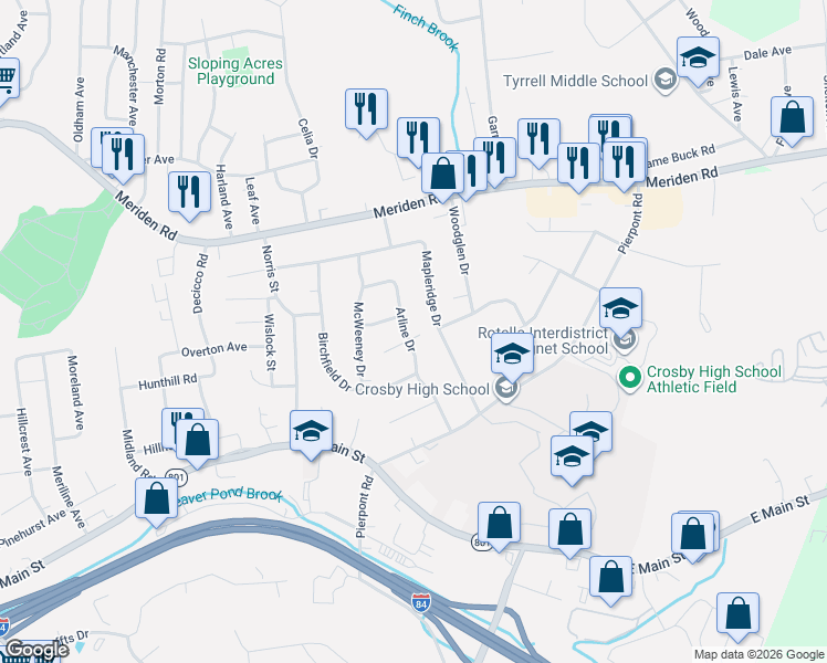 map of restaurants, bars, coffee shops, grocery stores, and more near 26 Fernwood Avenue in Waterbury