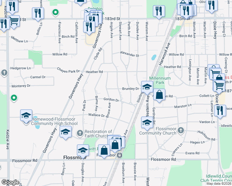 map of restaurants, bars, coffee shops, grocery stores, and more near 646 Argyle Avenue in Flossmoor