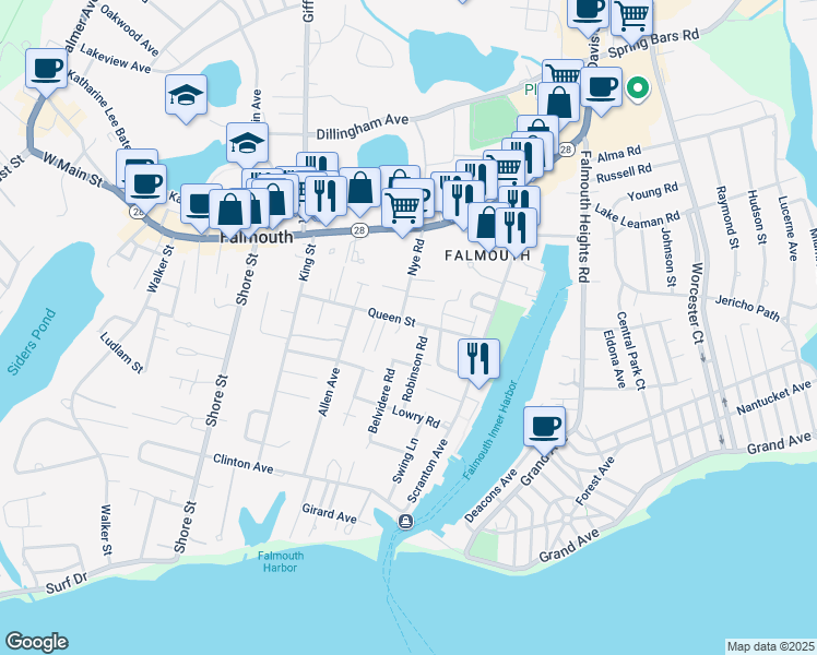 map of restaurants, bars, coffee shops, grocery stores, and more near 121 Queen Street in Falmouth
