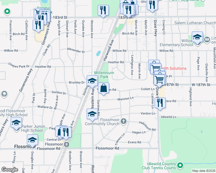 map of restaurants, bars, coffee shops, grocery stores, and more near 18654 Golfview Avenue in Homewood
