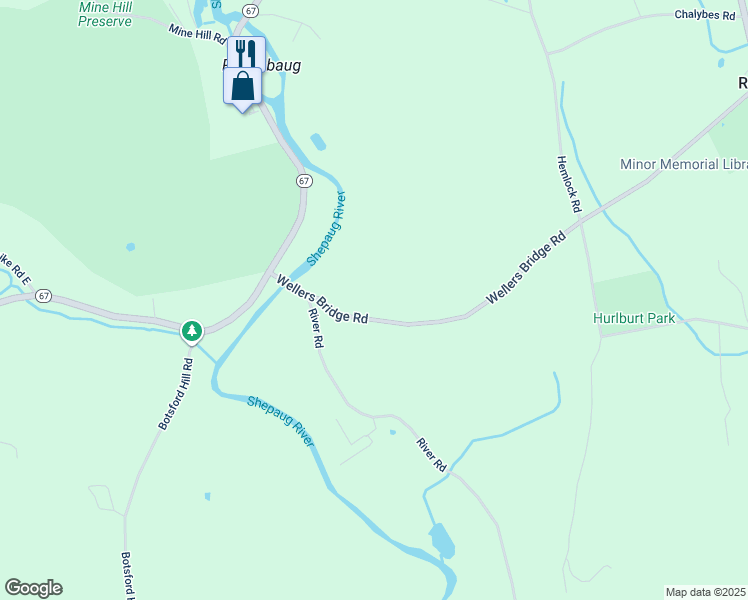 map of restaurants, bars, coffee shops, grocery stores, and more near 116 Wellers Bridge Road in Roxbury