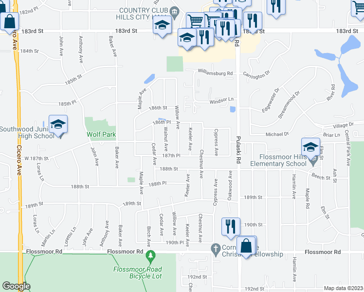 map of restaurants, bars, coffee shops, grocery stores, and more near 18711 Willow Avenue in Country Club Hills