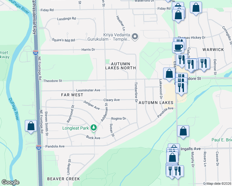 map of restaurants, bars, coffee shops, grocery stores, and more near 3519 Leominster Avenue in Joliet