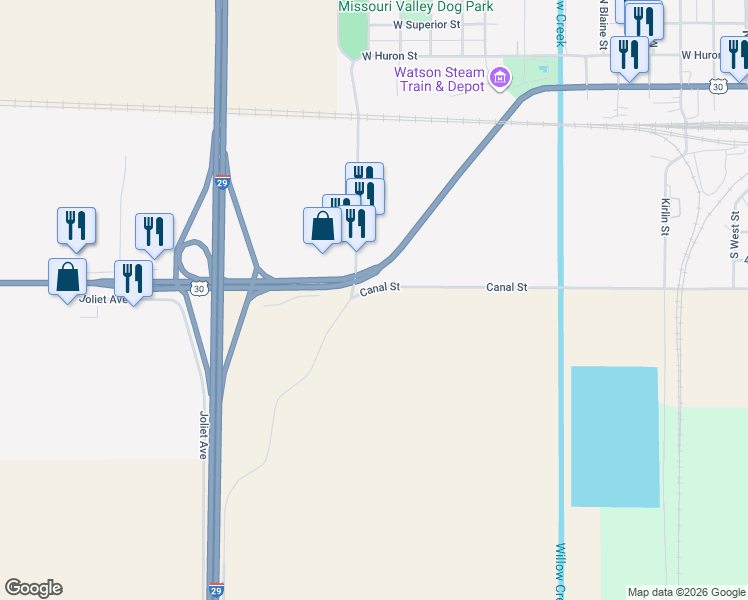 map of restaurants, bars, coffee shops, grocery stores, and more near 1200 Canal Street in Missouri Valley
