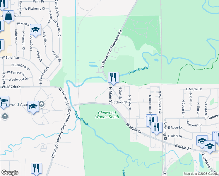 map of restaurants, bars, coffee shops, grocery stores, and more near 204 North Glenwood Avenue in Glenwood