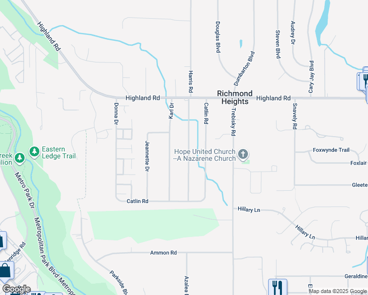 map of restaurants, bars, coffee shops, grocery stores, and more near 492 Harris Road in Richmond Heights