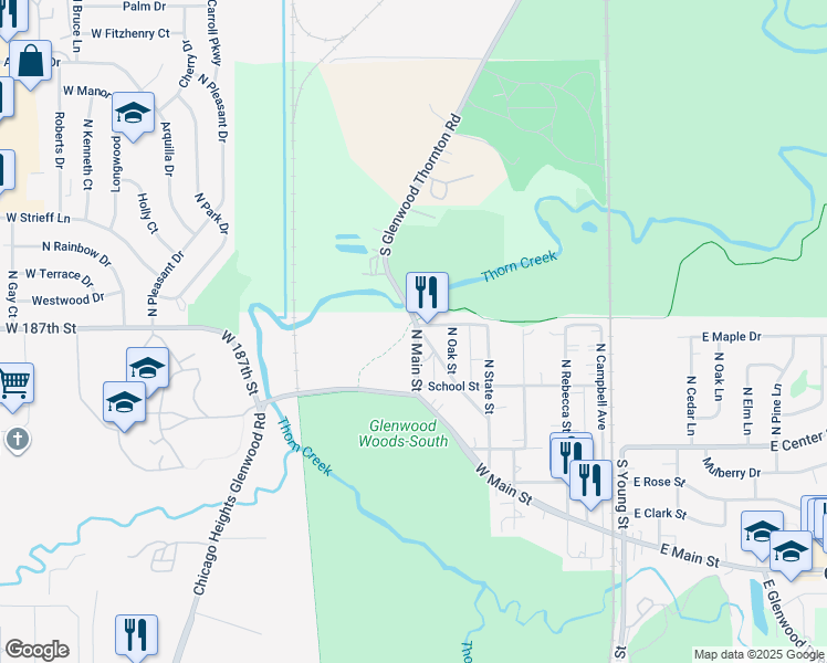 map of restaurants, bars, coffee shops, grocery stores, and more near 340 North Glenwood Avenue in Glenwood