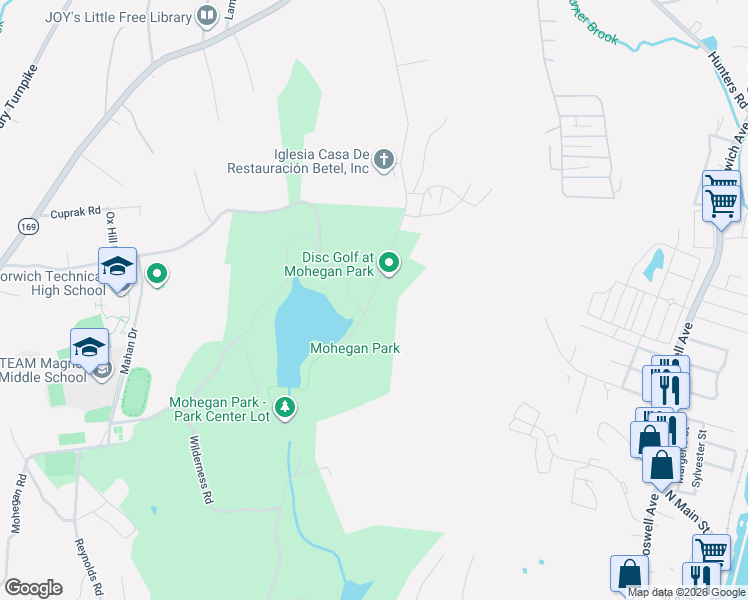 map of restaurants, bars, coffee shops, grocery stores, and more near 303 Mohegan Park Road in Norwich
