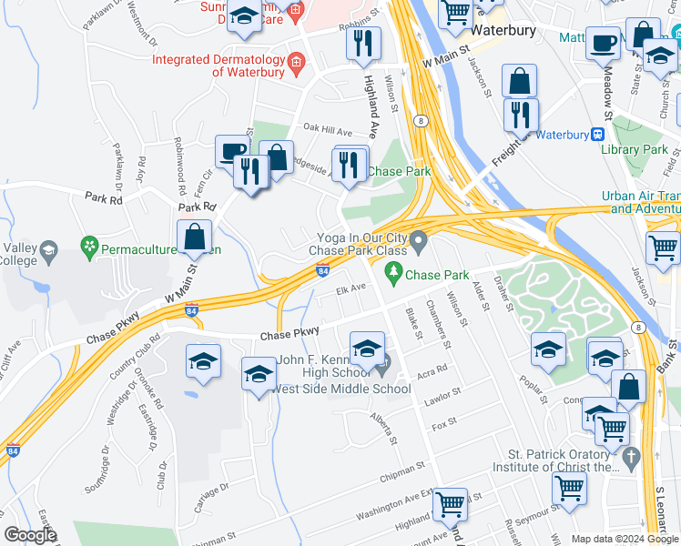 map of restaurants, bars, coffee shops, grocery stores, and more near 43 Ponham Street in Waterbury