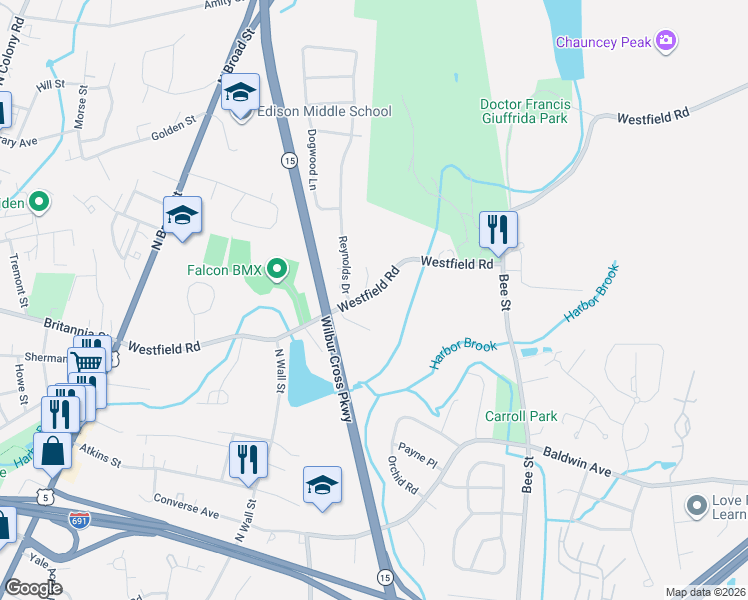 map of restaurants, bars, coffee shops, grocery stores, and more near 320 Westfield Road in Meriden