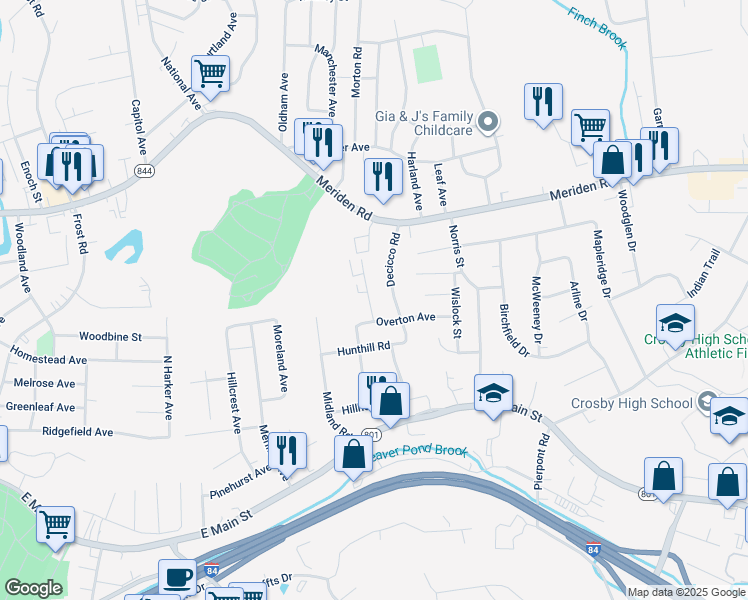 map of restaurants, bars, coffee shops, grocery stores, and more near 32 Stonewall Lane in Waterbury
