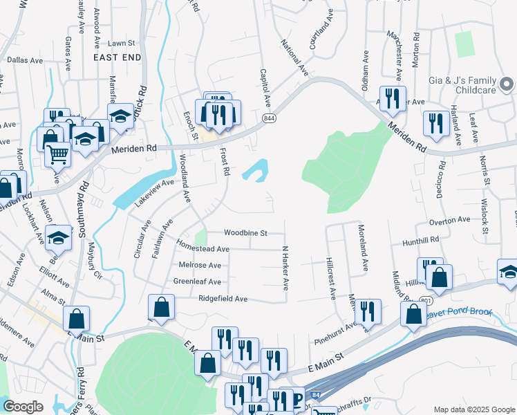 map of restaurants, bars, coffee shops, grocery stores, and more near 107 Cedar Avenue in Waterbury