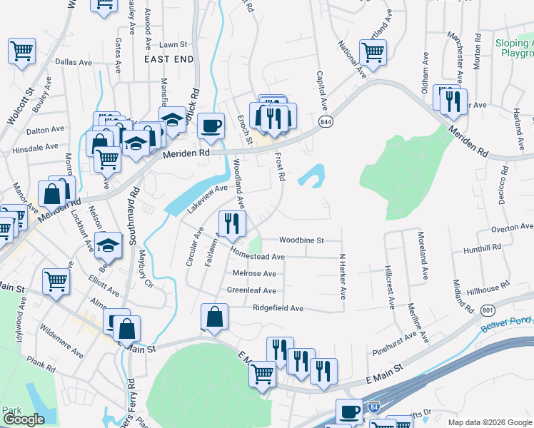 map of restaurants, bars, coffee shops, grocery stores, and more near 339 Frost Road in Waterbury