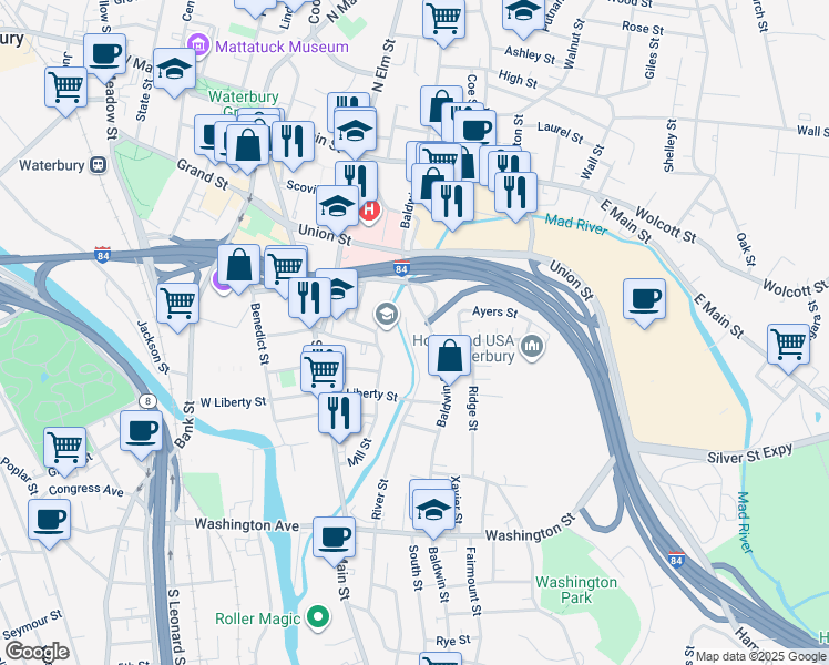 map of restaurants, bars, coffee shops, grocery stores, and more near 51 River Street in Waterbury