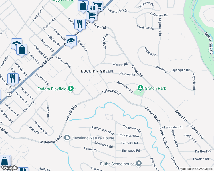 map of restaurants, bars, coffee shops, grocery stores, and more near 2311 Greenvale Road in Cleveland