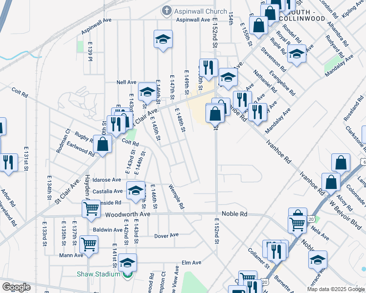 map of restaurants, bars, coffee shops, grocery stores, and more near 1074 East 147th Street in Cleveland