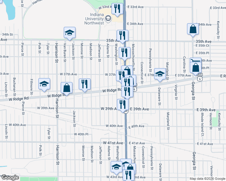 map of restaurants, bars, coffee shops, grocery stores, and more near 28 West Ridge Road in Gary