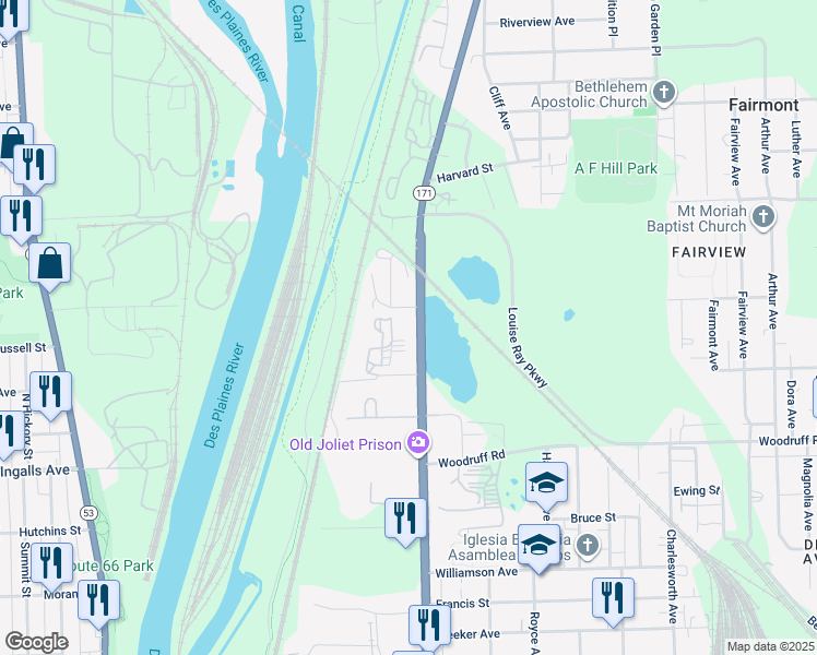 map of restaurants, bars, coffee shops, grocery stores, and more near 1329 Collins Street in Joliet