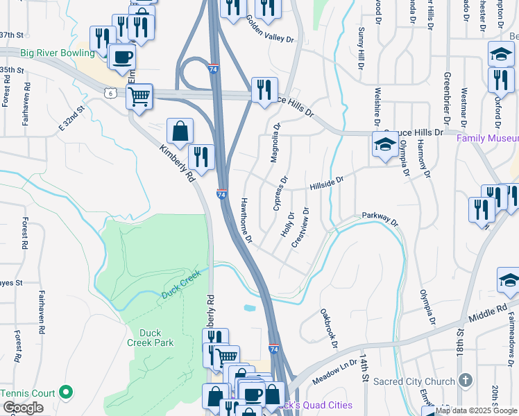 map of restaurants, bars, coffee shops, grocery stores, and more near 2701 Magnolia Drive in Bettendorf