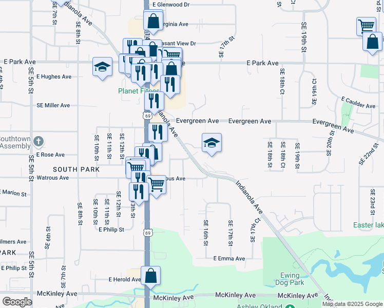 map of restaurants, bars, coffee shops, grocery stores, and more near 3721 Indianola Avenue in Des Moines