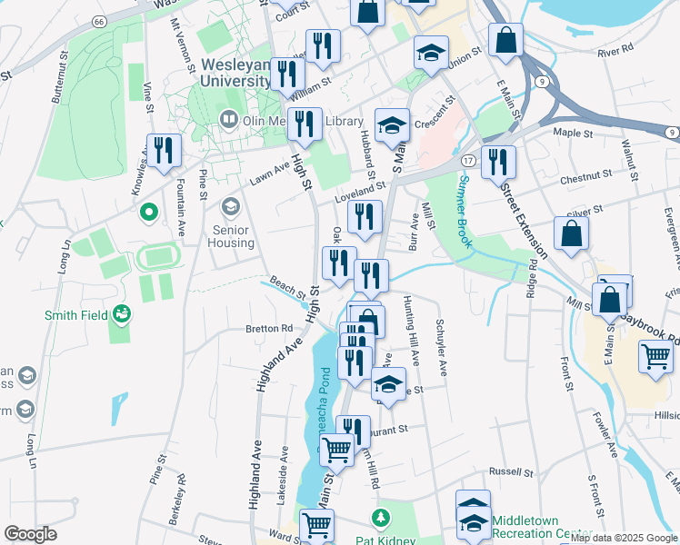 map of restaurants, bars, coffee shops, grocery stores, and more near 42 Oak Street in Middletown