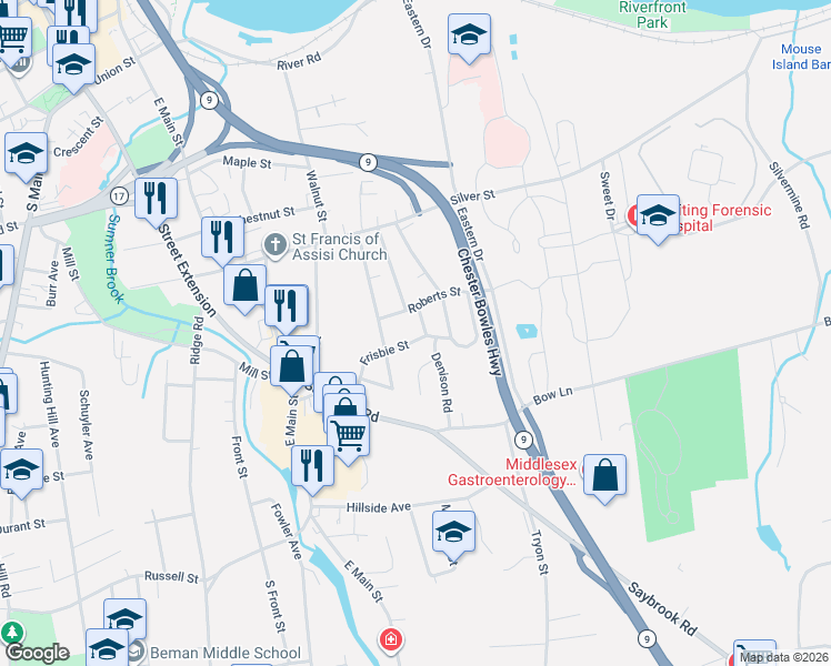 map of restaurants, bars, coffee shops, grocery stores, and more near 96 Frisbie Street in Middletown