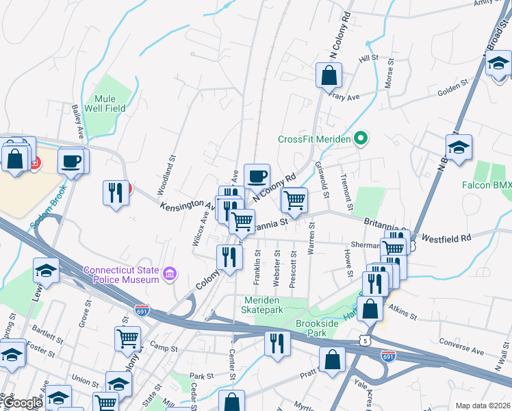 map of restaurants, bars, coffee shops, grocery stores, and more near 505 North Colony Road in Meriden