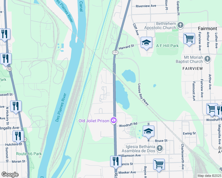 map of restaurants, bars, coffee shops, grocery stores, and more near 1329 Collins Street in Joliet