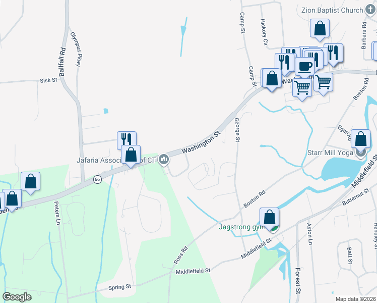 map of restaurants, bars, coffee shops, grocery stores, and more near 1221 Washington Street in Middletown
