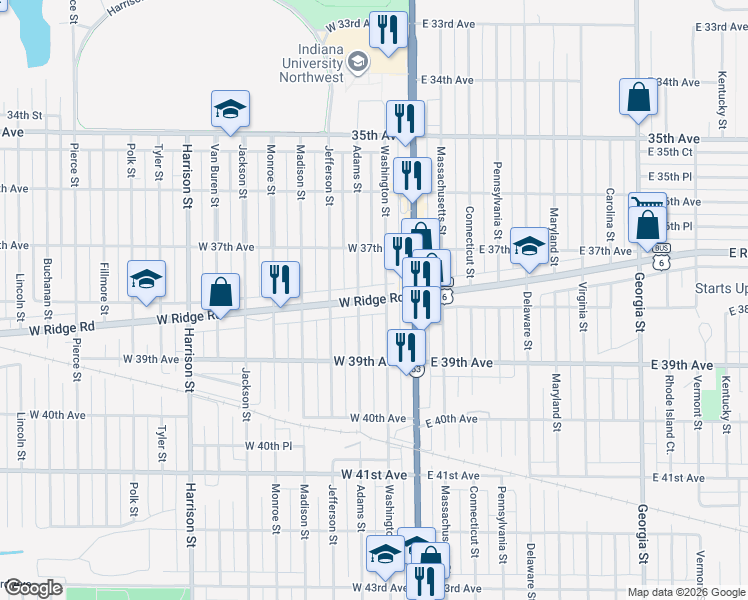 map of restaurants, bars, coffee shops, grocery stores, and more near 28 West Ridge Road in Gary
