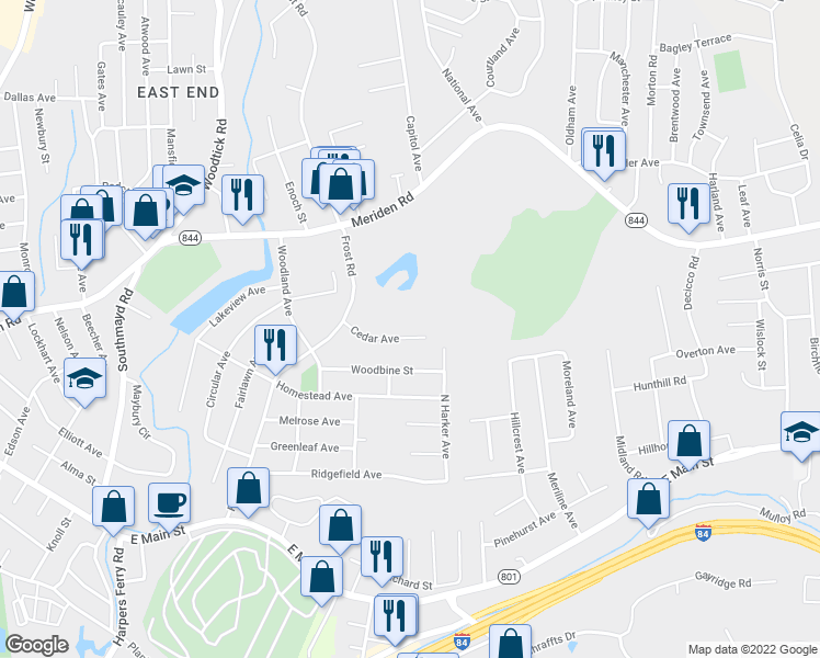 map of restaurants, bars, coffee shops, grocery stores, and more near 107 Cedar Avenue in Waterbury
