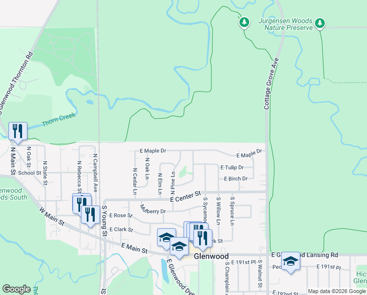 map of restaurants, bars, coffee shops, grocery stores, and more near 301 East Maple Drive in Glenwood