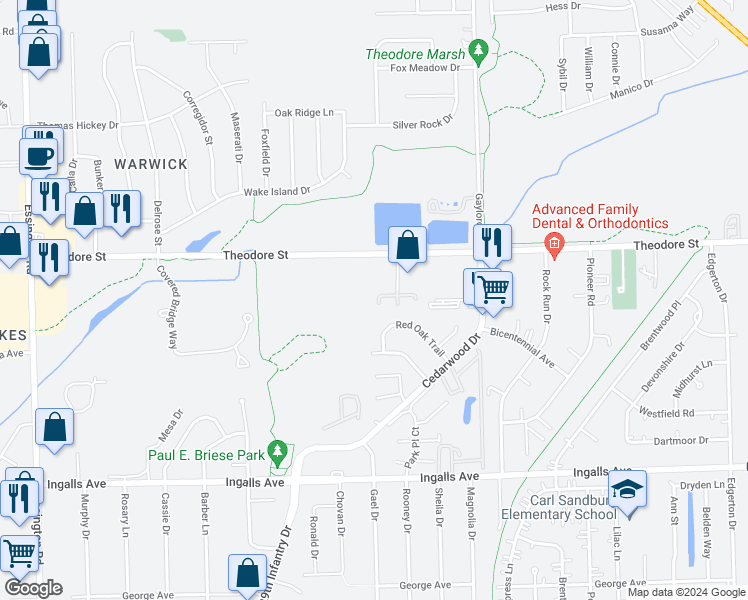 map of restaurants, bars, coffee shops, grocery stores, and more near 2535 Reflections Drive in Crest Hill