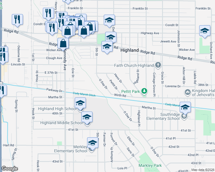 map of restaurants, bars, coffee shops, grocery stores, and more near 8951 O Day Drive in Highland