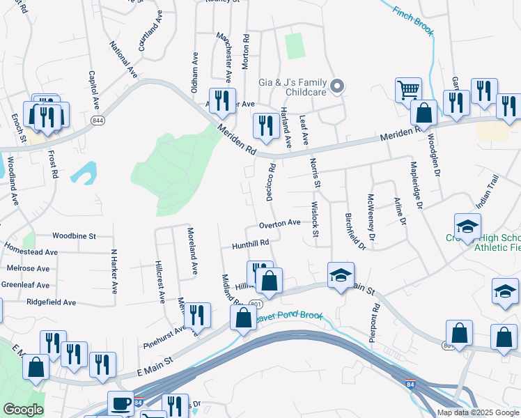 map of restaurants, bars, coffee shops, grocery stores, and more near 26 Stonewall Lane in Waterbury