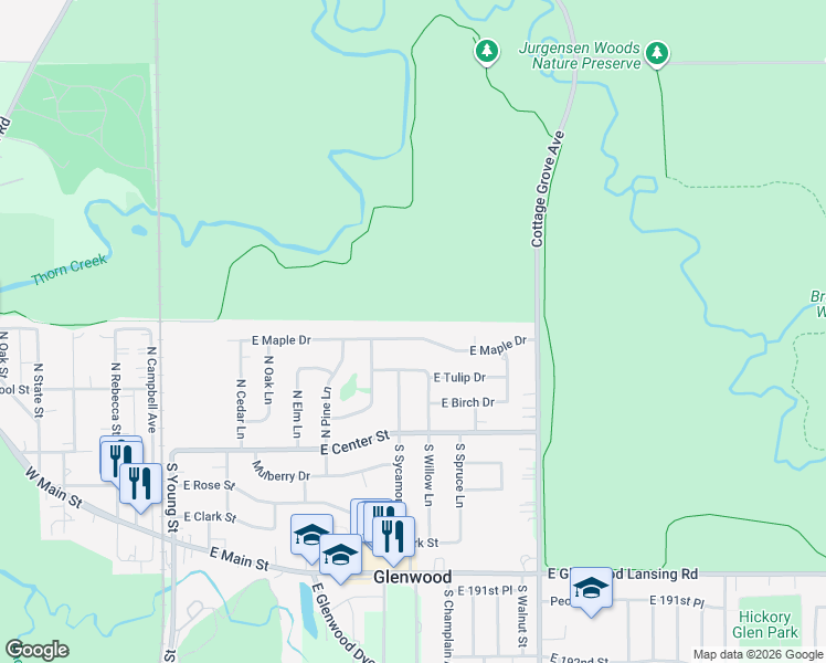 map of restaurants, bars, coffee shops, grocery stores, and more near 401 East Maple Drive in Glenwood