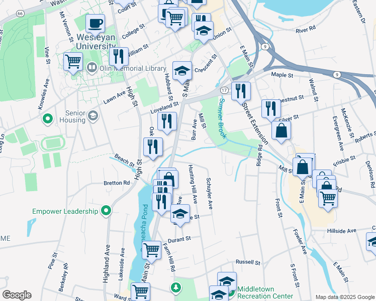 map of restaurants, bars, coffee shops, grocery stores, and more near 82 Burr Avenue in Middletown