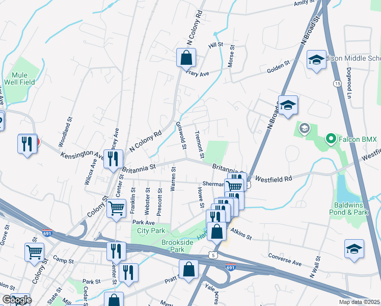 map of restaurants, bars, coffee shops, grocery stores, and more near 17 Griswold Street in Meriden