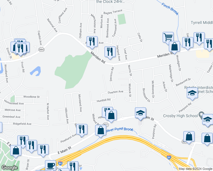 map of restaurants, bars, coffee shops, grocery stores, and more near 32 Stonewall Lane in Waterbury