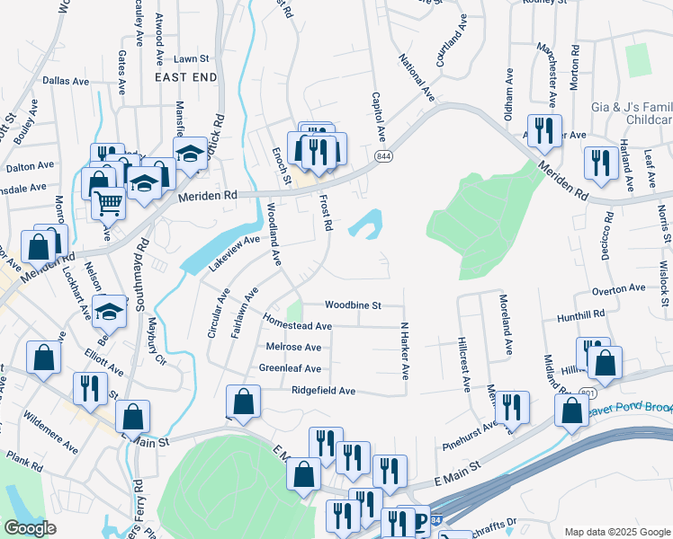 map of restaurants, bars, coffee shops, grocery stores, and more near 370 Frost Road in Waterbury