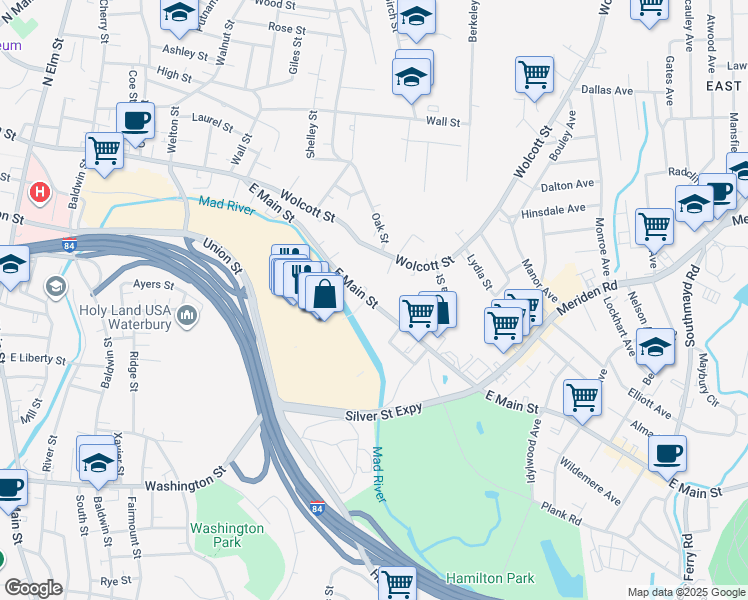 map of restaurants, bars, coffee shops, grocery stores, and more near 1161 East Main Street in Waterbury