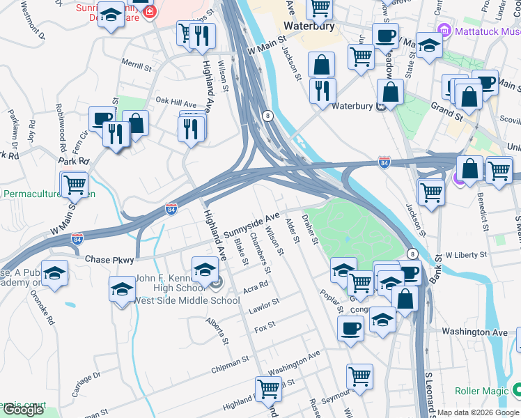 map of restaurants, bars, coffee shops, grocery stores, and more near 259 Palmer Avenue in Waterbury