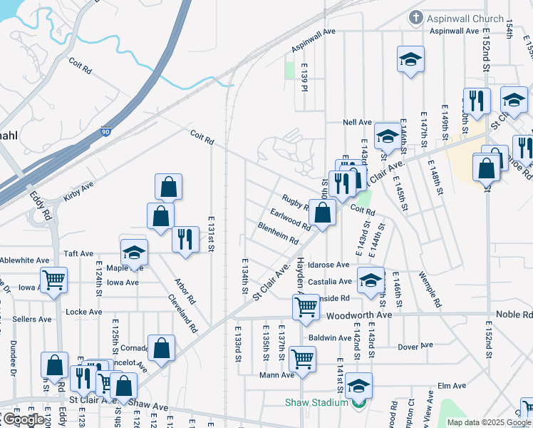 map of restaurants, bars, coffee shops, grocery stores, and more near 13603 Earlwood Road in Cleveland
