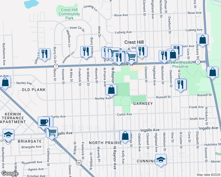 map of restaurants, bars, coffee shops, grocery stores, and more near 1422 North Prairie Avenue in Joliet