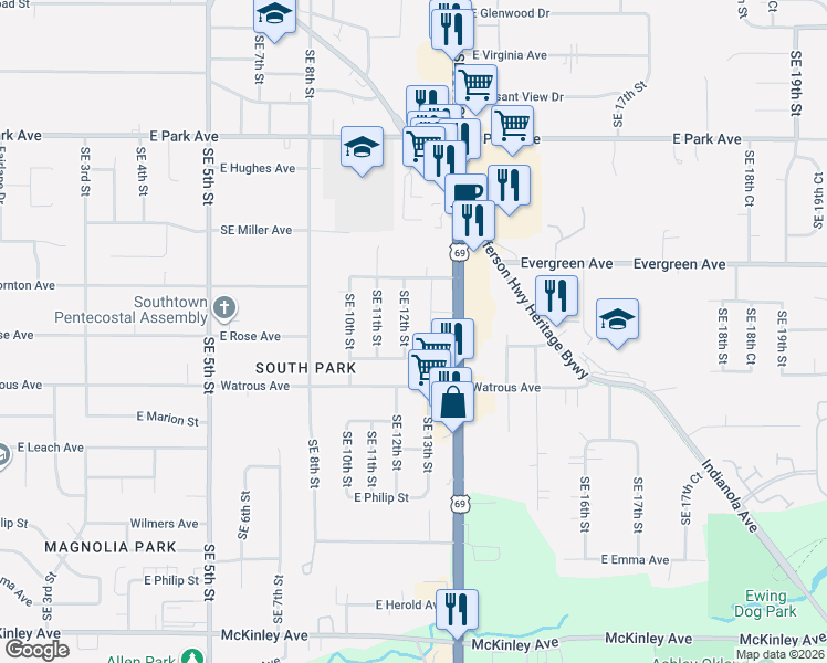 map of restaurants, bars, coffee shops, grocery stores, and more near 3733 Southeast 12th Street in Des Moines