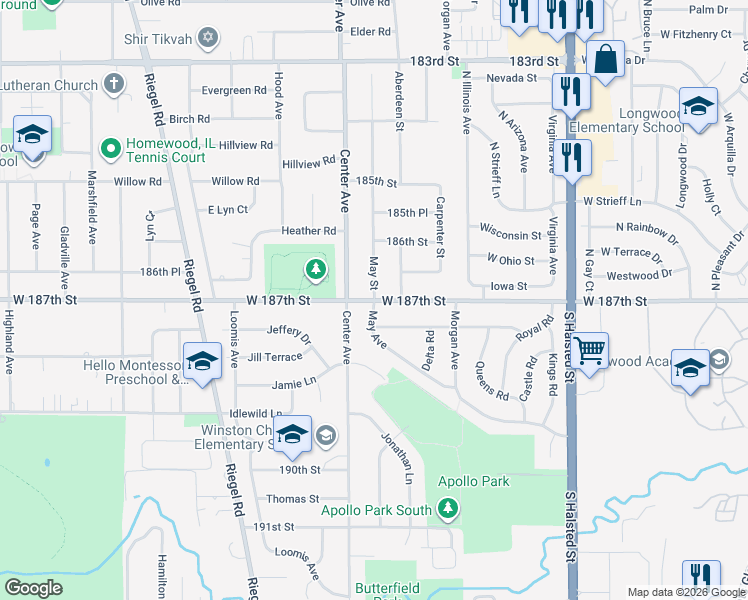 map of restaurants, bars, coffee shops, grocery stores, and more near 18824 May Street in Homewood
