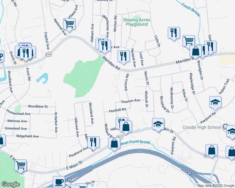map of restaurants, bars, coffee shops, grocery stores, and more near 29 Stonewall Lane in Waterbury