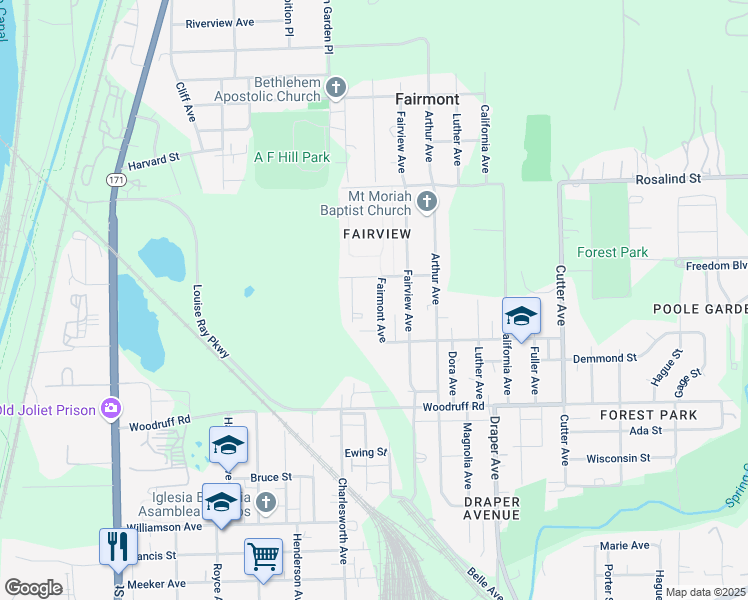 map of restaurants, bars, coffee shops, grocery stores, and more near 1341 Fairmont Avenue in Joliet