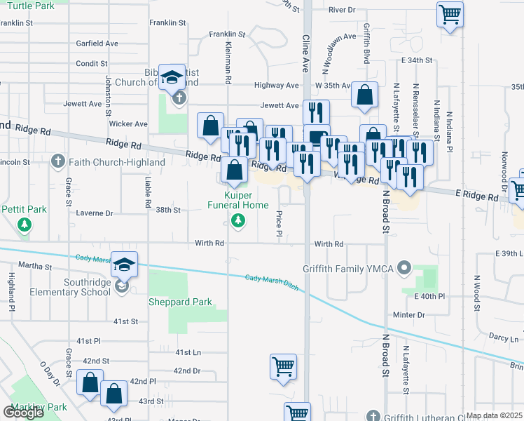 map of restaurants, bars, coffee shops, grocery stores, and more near 9007 Ohio Place in Highland